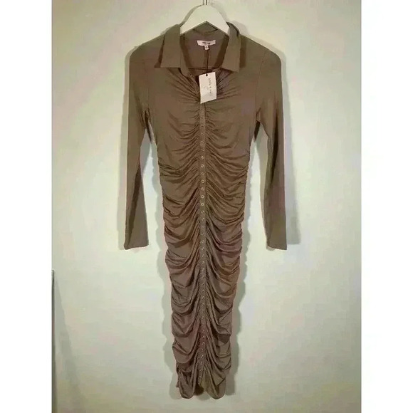 Edit By Nine Women's Ruched Bodycon Long Sleeve Dress Pencil Maxi Beige Size Med - Picture 1 of 5